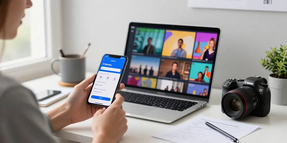 Person engaging with the Vidmate app on a smartphone in a modern workspace, showcasing a vibrant and user-friendly download experience.