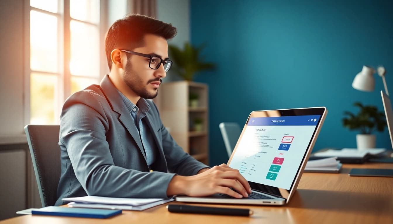 Submitting uk eta online application with detailed options at a modern computer desk.