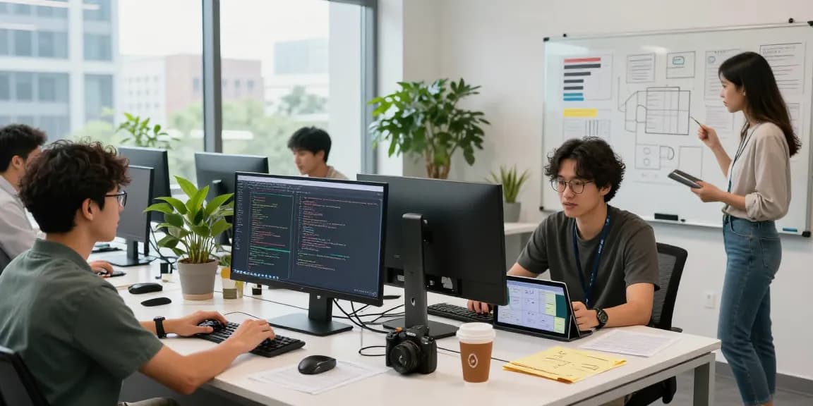 Diverse software developers collaborating in a modern tech workspace, showcasing innovative solutions for c88nano.com.