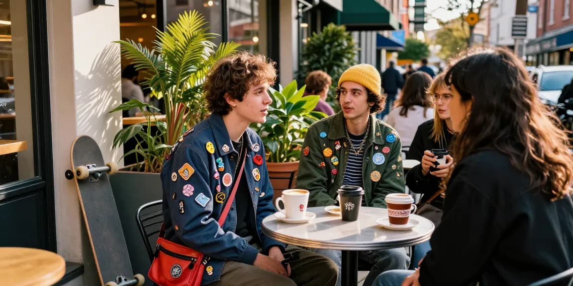 Creative urban individual showcasing stylish acrylic pins while socializing at an outdoor café.