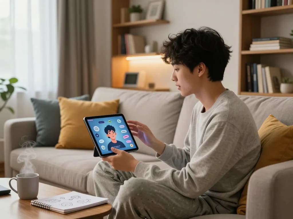 Engaging ai chat porn experience with animated character interaction in a cozy modern room setting.