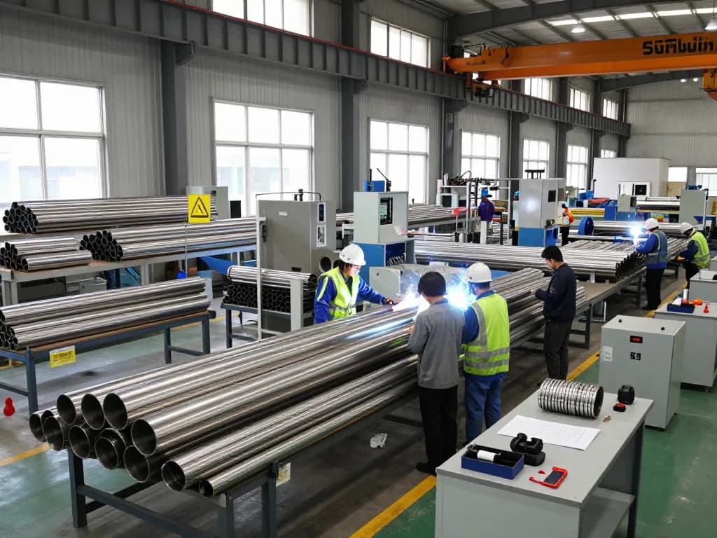 Skilled workers assembling Sumwin stainless steel pipes in a bright industrial factory, showcasing modern manufacturing practices.