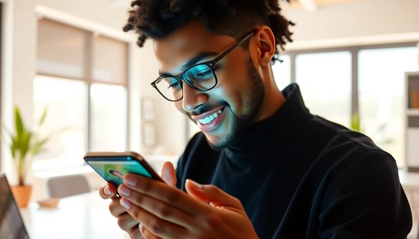 Engaging user experience with the Crushon AI chatbot on a smartphone in a modern workspace.