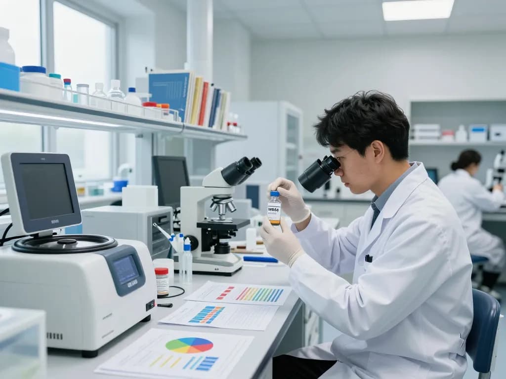 Scientist analyzing MB66 film in a modern research lab focused on antiviral solutions.