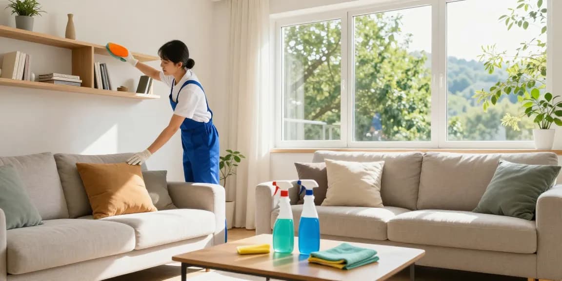 Professional residential reinigungen bern showcasing clean living room by a skilled cleaner with bright natural light.