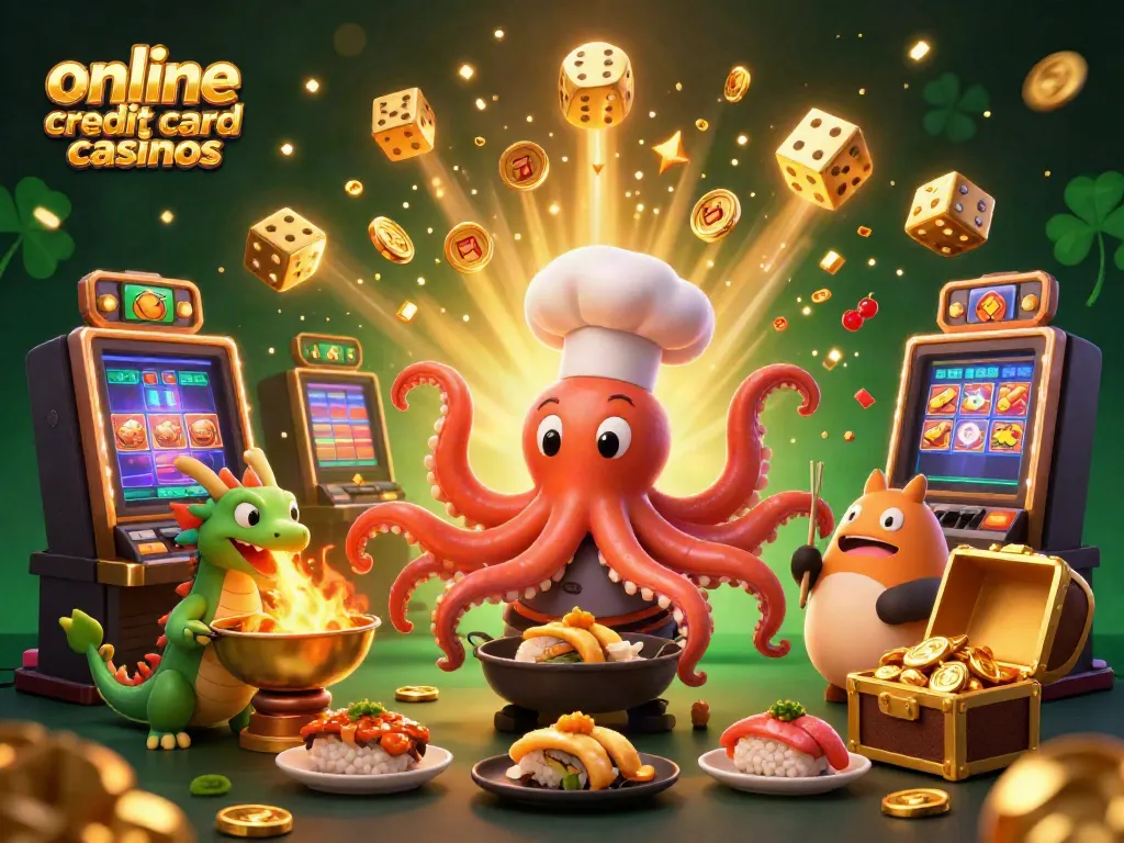 Engage with online credit card casinos through a vibrant illustrative scene filled with exciting game elements.