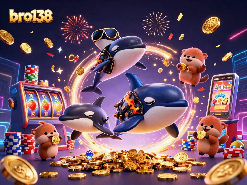 Experience the excitement of bro138 with a dynamic scene of sea characters celebrating casino wins and spinning slot reels.