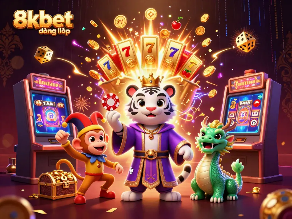 Experience the thrill of 8xbet đăng nhập with a vibrant scene featuring a white tiger, monkey, and dragon amidst casino elements.