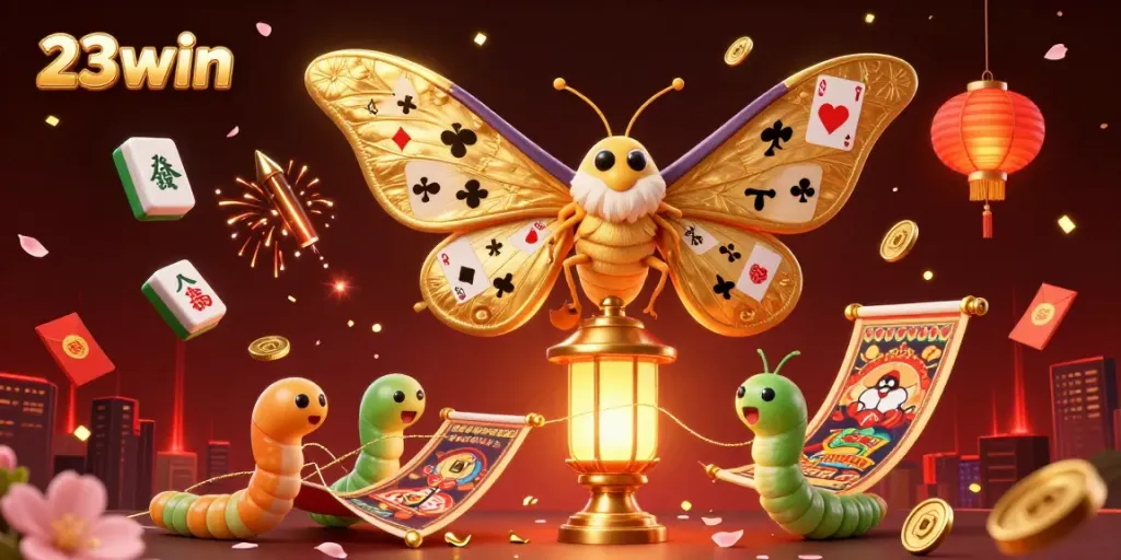 Experience vibrant casino excitement with 23win, featuring a majestic moth and gold elements.