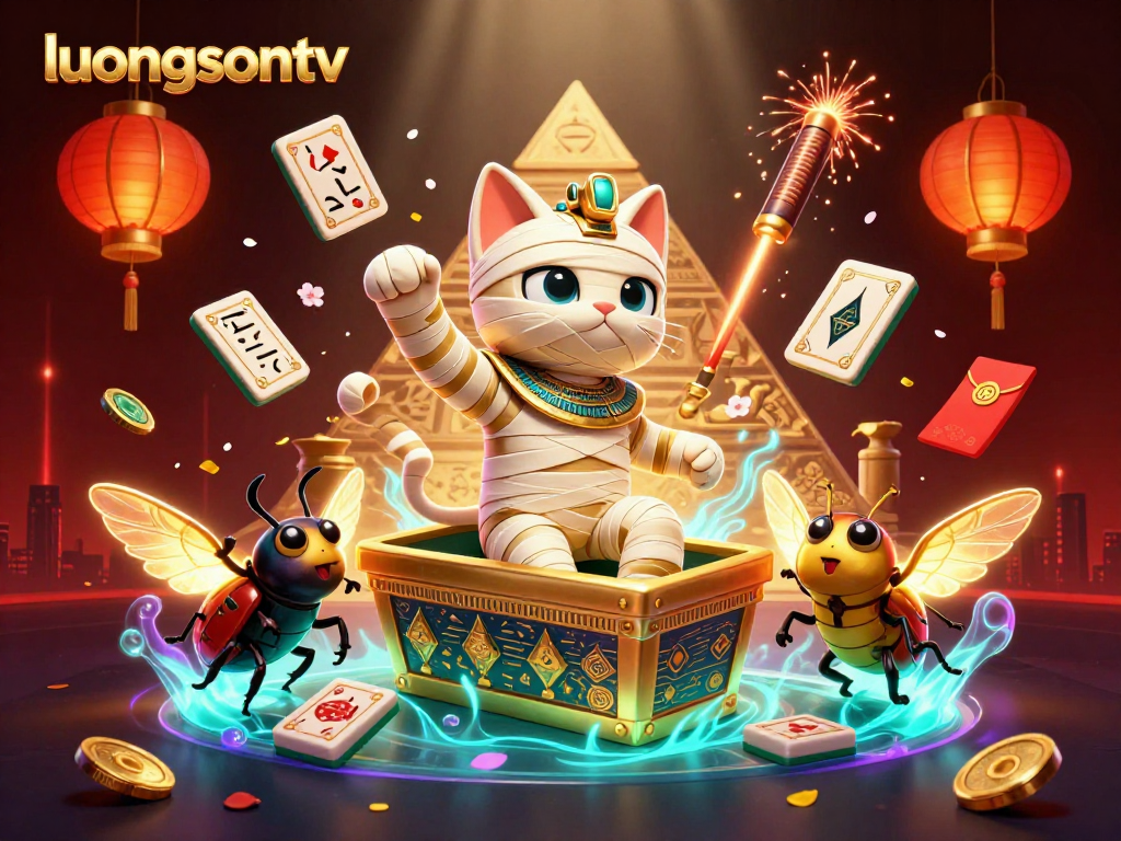 Engage with exciting slots on luongsontv featuring a mummy cat, vibrant games, and glowing elements.