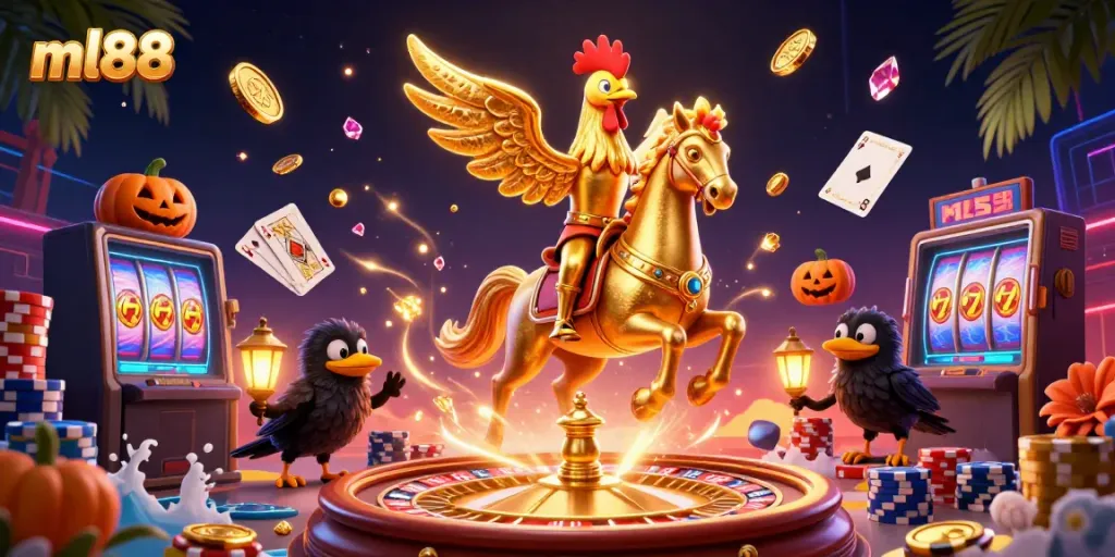 Experience exciting casino action at ml88 with a dazzling scene of a golden rooster and crow companions in a vibrant, magical casino environment.