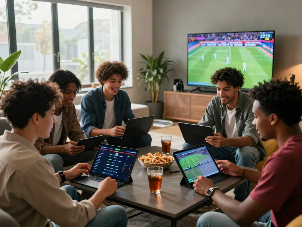 Friends enjoying sports betting on ZBET platform in a lively lounge.