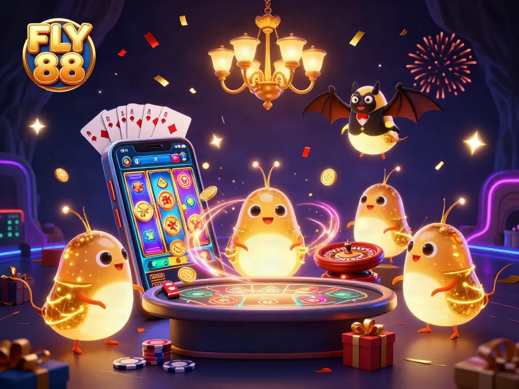 Experience FLY 88 in this vibrant casino scene, showcasing glowworms, gaming elements, and festive details.