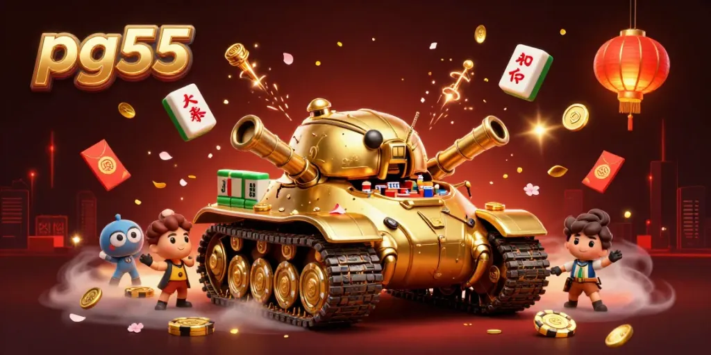 Experience gaming excitement at pg55 with a 3D casino tank, festive elements, and confetti!