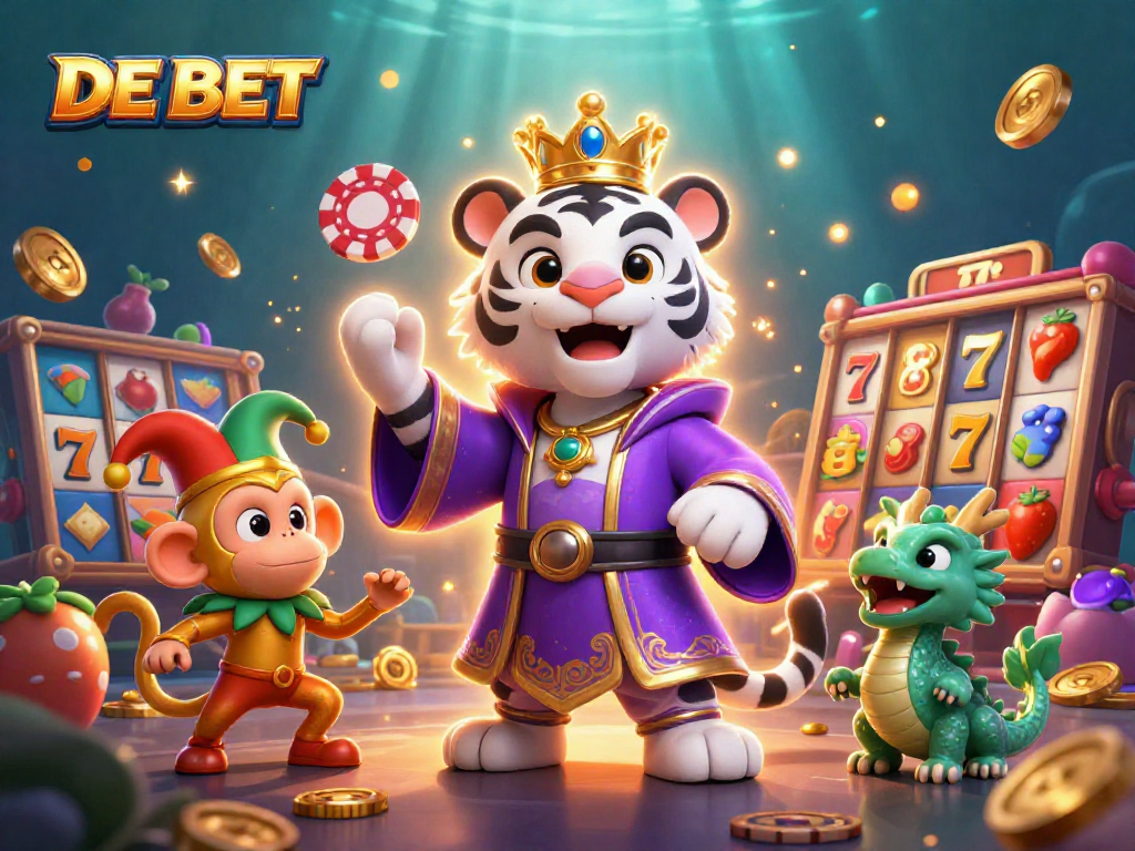 Engage in thrilling gameplay at DE BET with vibrant 3D characters and casino elements surrounding them.
