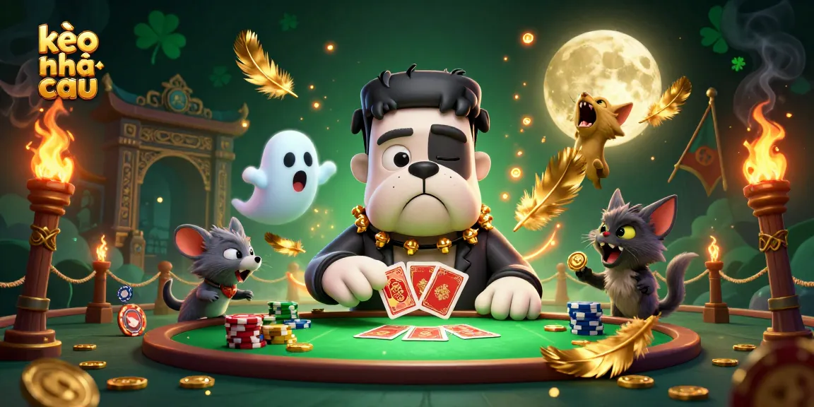 Engage at the lively kèo nhà cái table with a quirky Frankenstein bulldog dealer amidst golden coins.