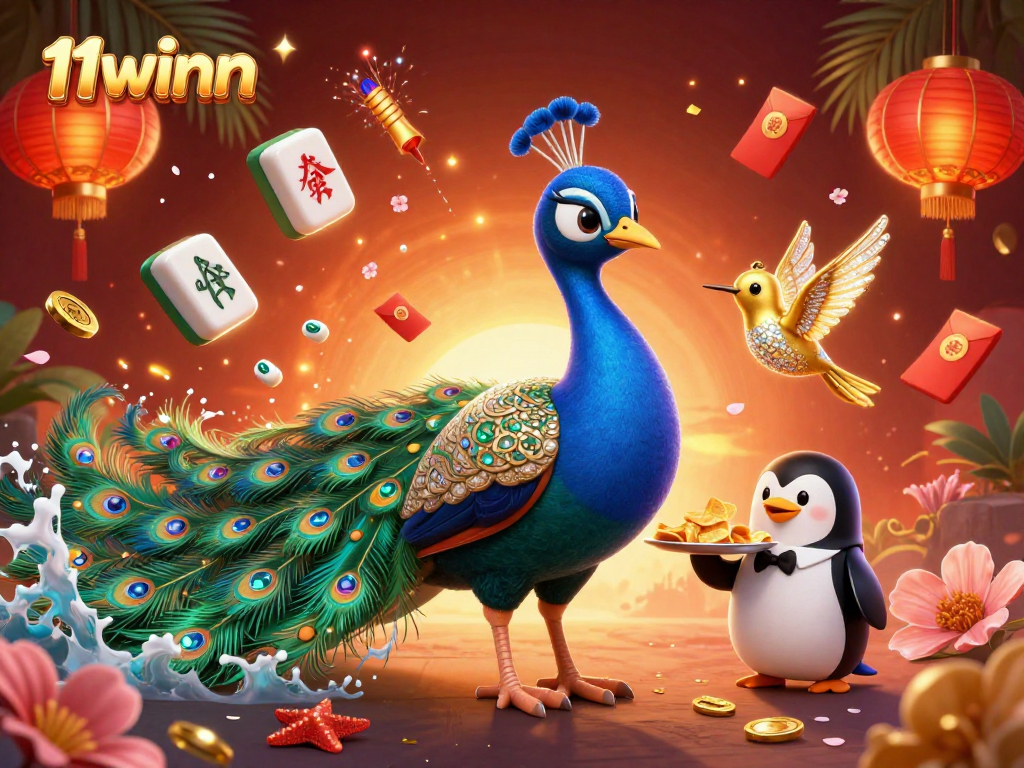 Experience the excitement of 11winn with a vibrant 3D casino scene showcasing a peacock, penguin, and hummingbird.