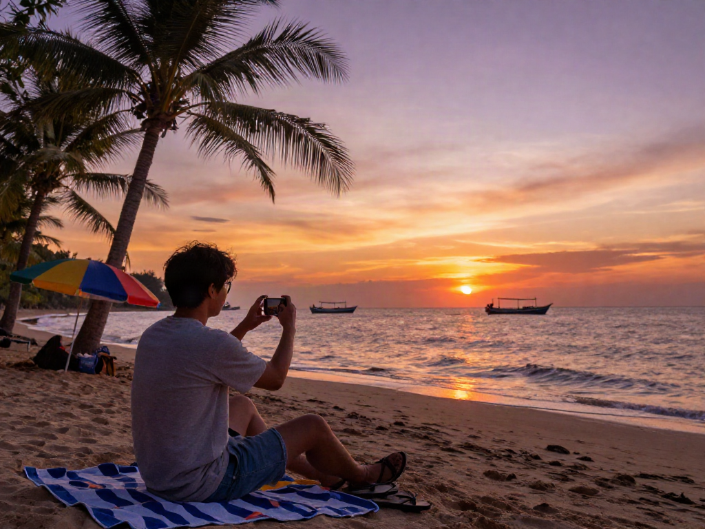 Traveler at Vietnam beach with sunset backdrop, enjoying the view while capturing memories at https://joeyvisavietnam.com/.