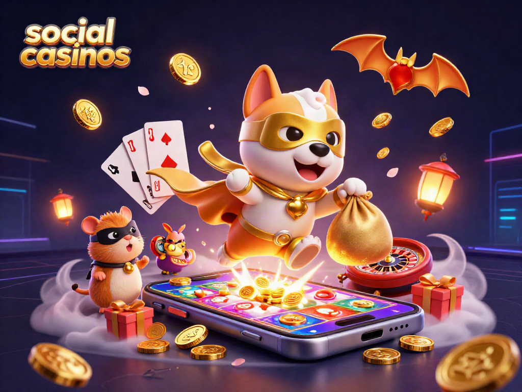 Engaging 3D scene depicting superhero dog and sidekick in social casinos, showcasing slot games and poker elements.