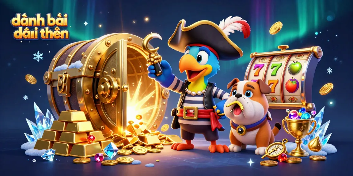 Engage in thrilling đánh bài đổi thưởng with a lively pirate-themed 3D scene full of treasure and slot machines.