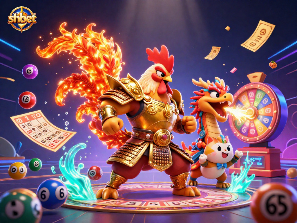 Experience shbet gaming excitement with an epic rooster warrior and dragon in a bustling casino scene.