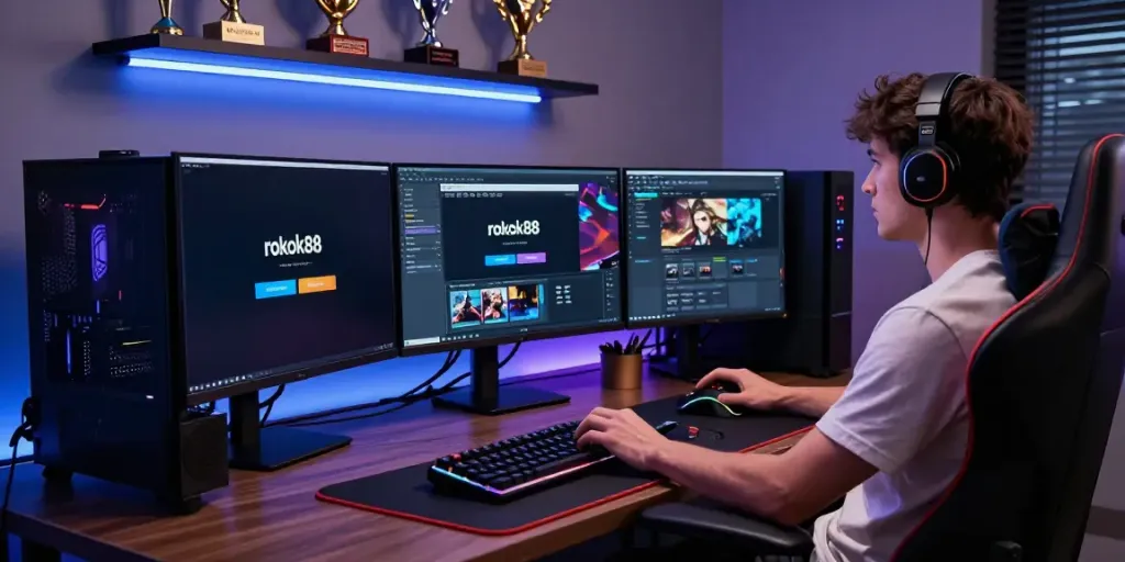 rokok88 login gaming workspace with multiple screens showing vibrant action and user engagement