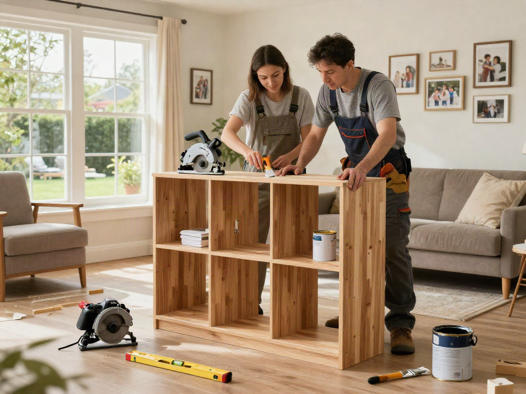 Professional contractor demonstrating home repair services Des Moines Iowa by building custom shelves in a bright living room.