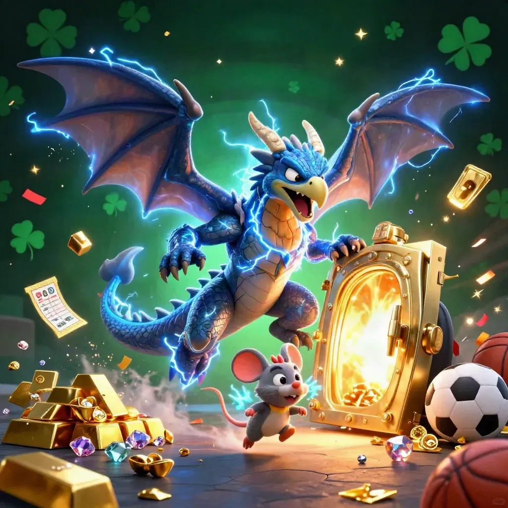 Thunder dragon, wind hawk and static mouse amid casino treasure, balls, sparks and lightning.