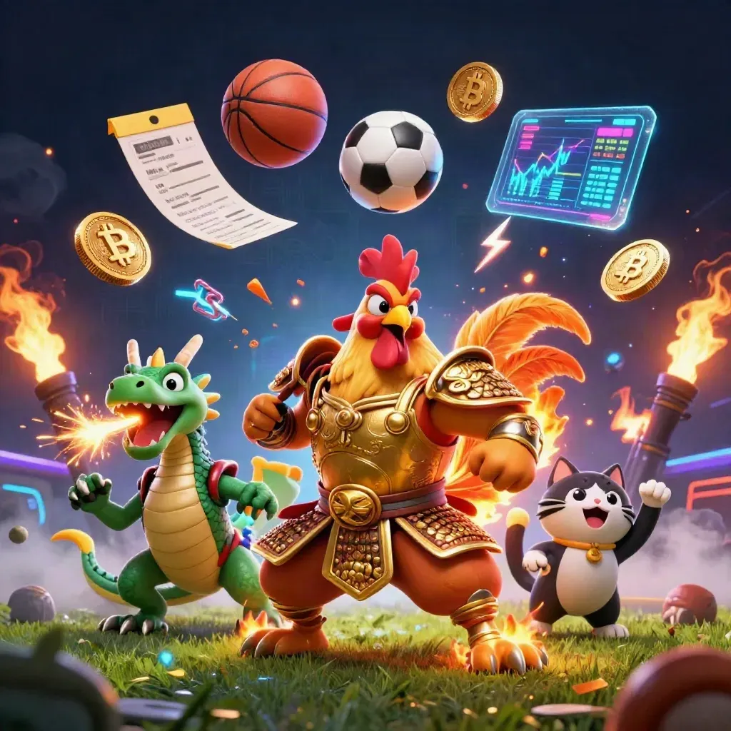 Rooster warrior, dragon hatchling, and fortune cat with flying balls, coins, and neon casino light.