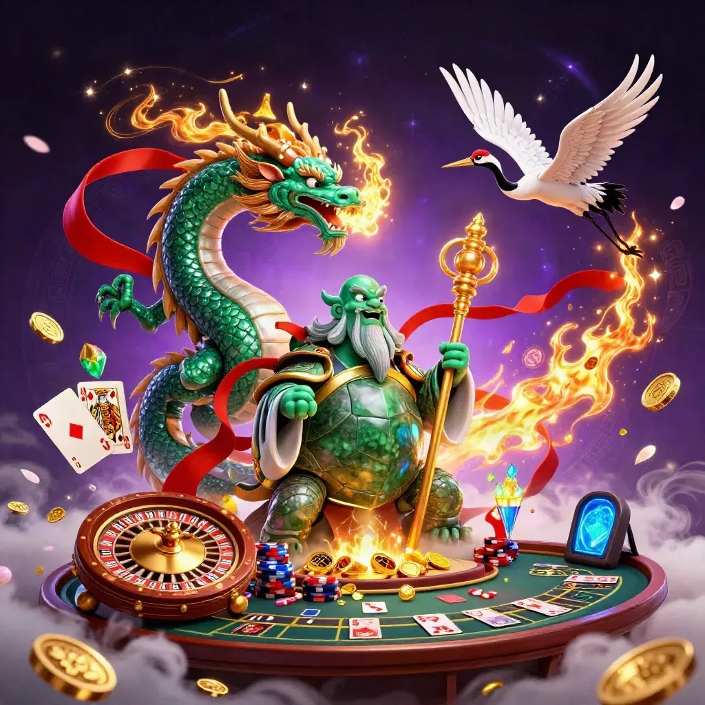 Emerald dragon, turtle sage, and cranes amid coins, cards, and a glowing roulette wheel.