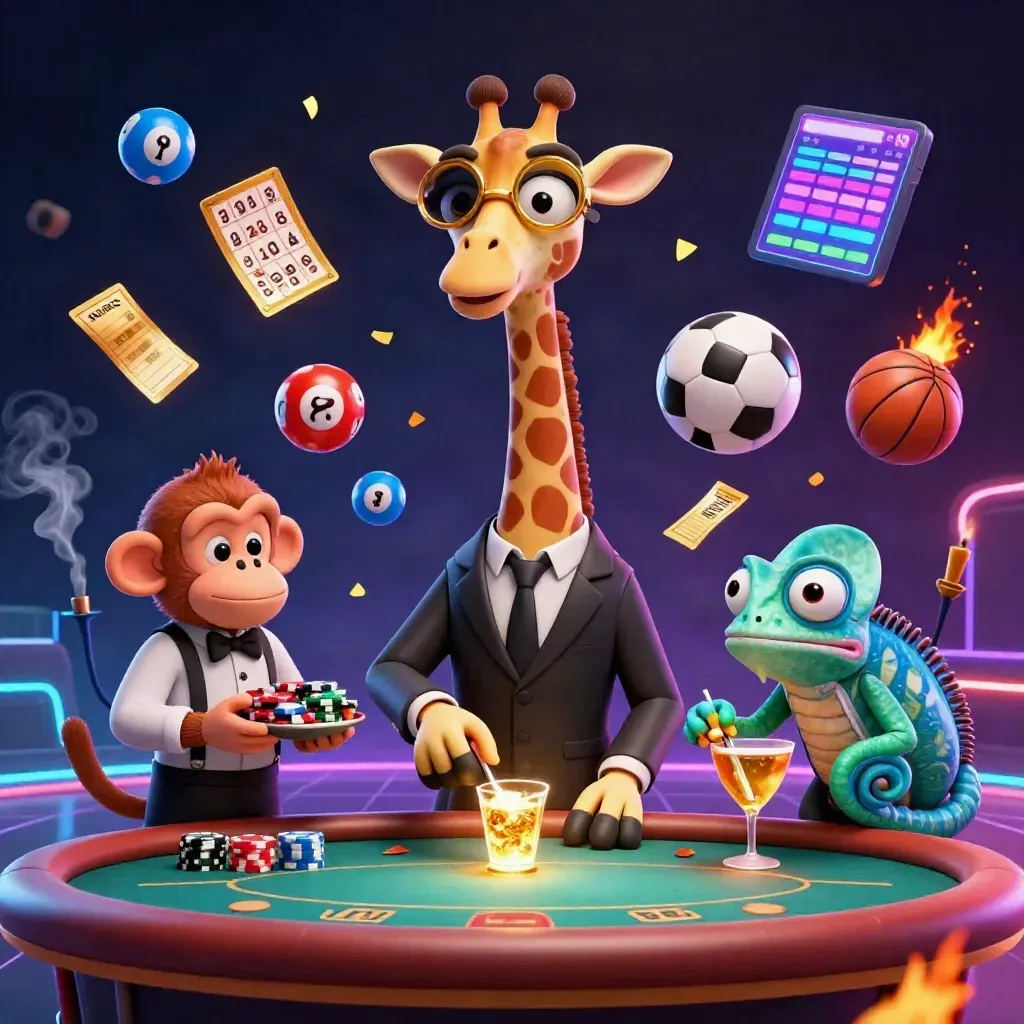 Low-angle neon casino scene with giraffe, monkey, chameleon, and flying sports props.