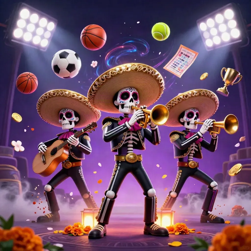 Skeleton mariachi trio amid flying sports balls, coins, trophy, and casino lights.