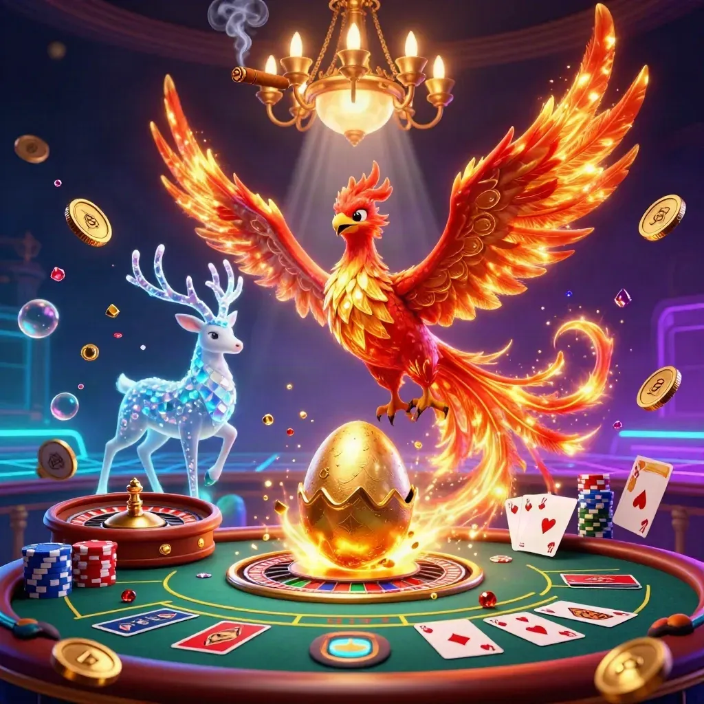 Phoenix, stag, and hatchling in a neon casino room with coins, cards, chips, and a spinning roulette wheel.