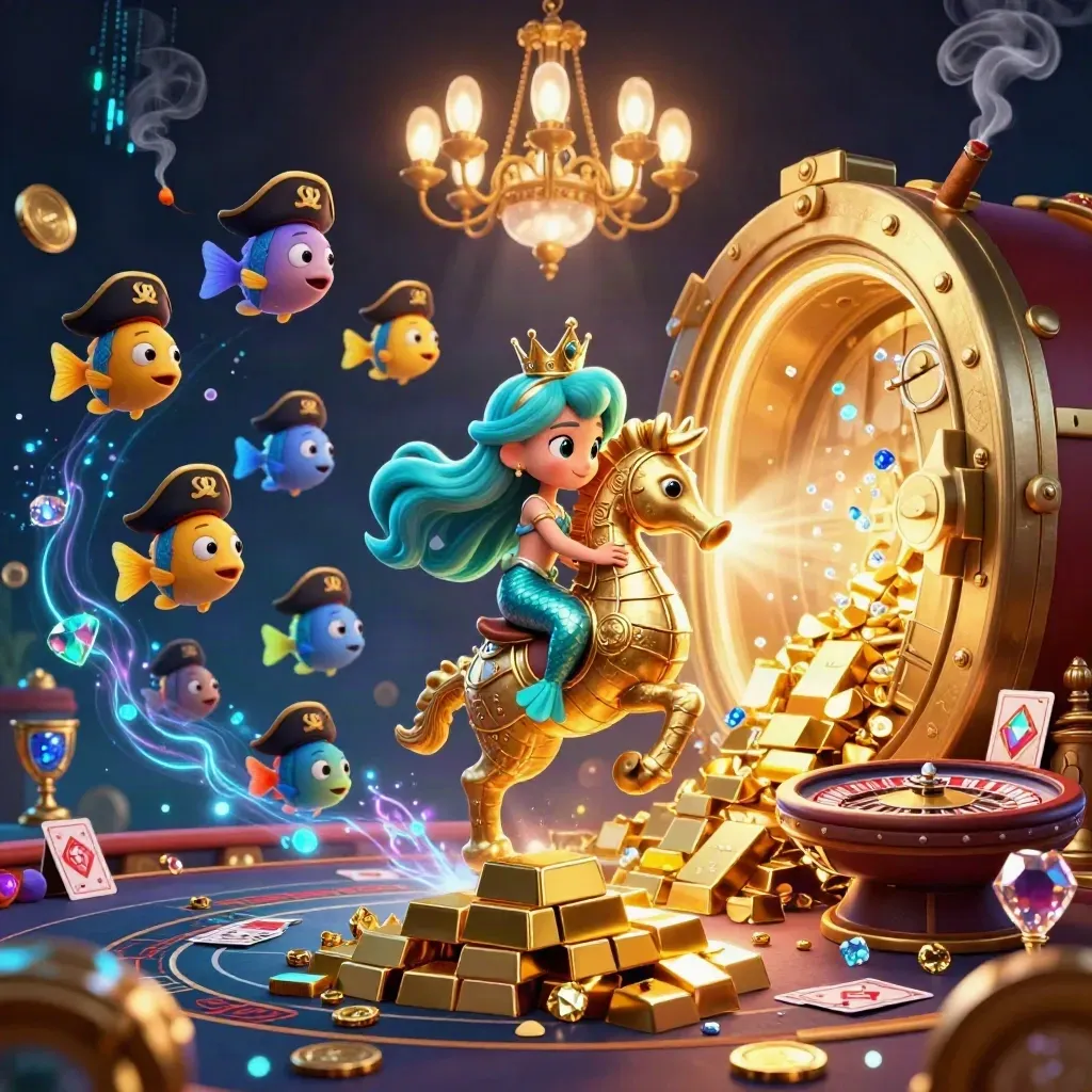 Mermaid princess rides armored seahorse in a neon casino vault with gold, gems, roulette and cards.