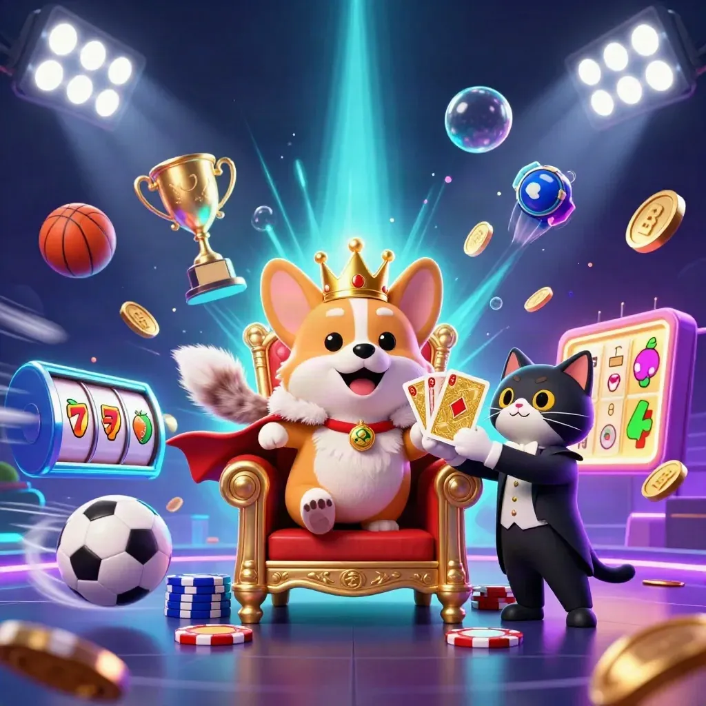 Royal corgi king and cat butler amid casino sports chaos, neon lights, coins, and glowing effects.