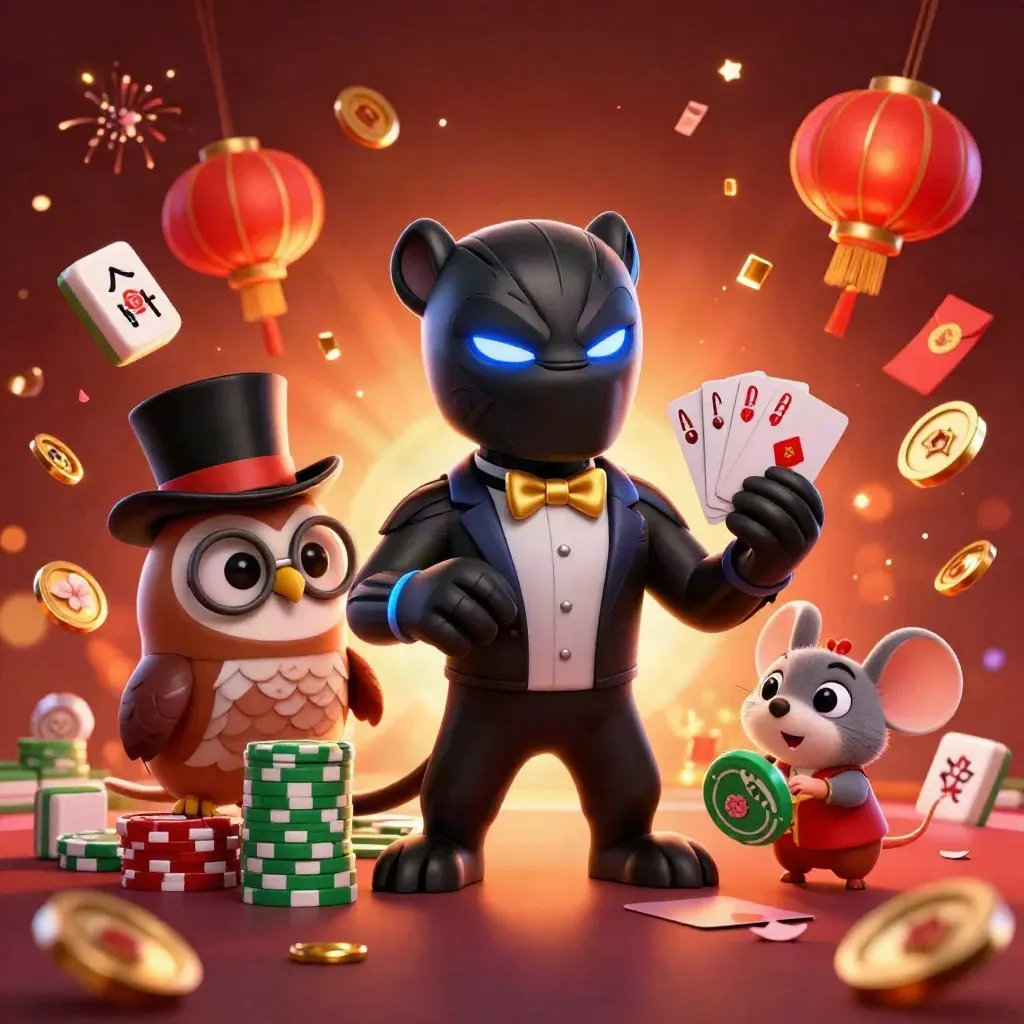 Tuxedoed panther, owl, and mouse amid casino chips, lanterns, and glowing jade coins.