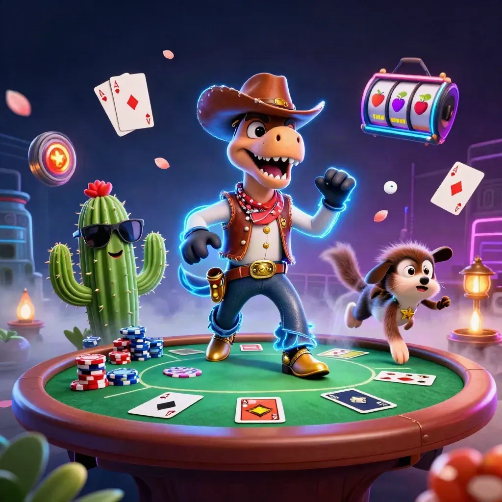 Cowboy T-Rex, cactus sidekick, and roadrunner burst around a poker table in neon city light.