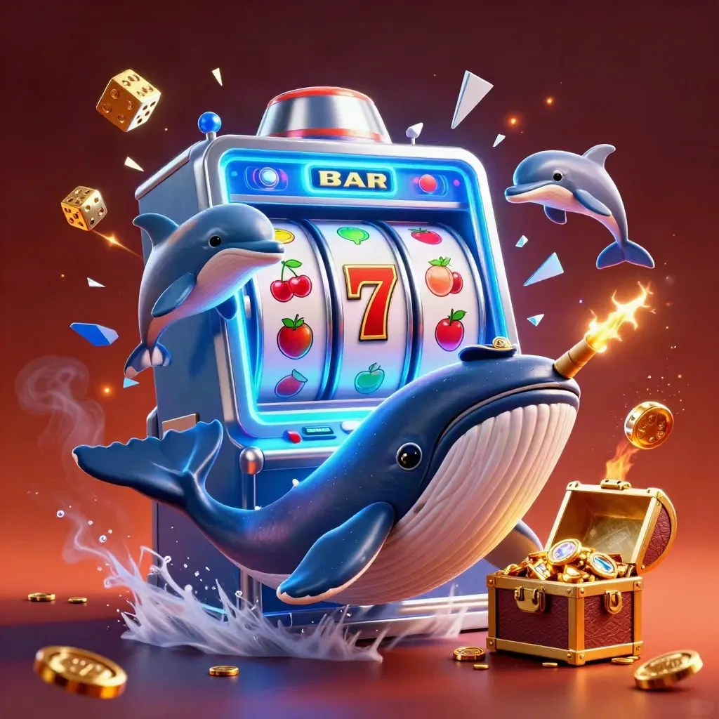 Captain whale, narwhal, and dolphins amid exploding slot machine coins and blue casino glow.