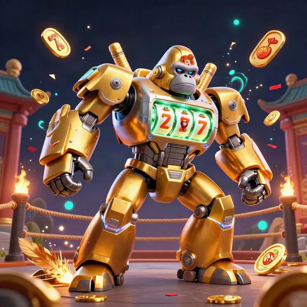 Golden gorilla mech with tiny monkey pilot amid coins, fireworks, banners and electric blue casino glow