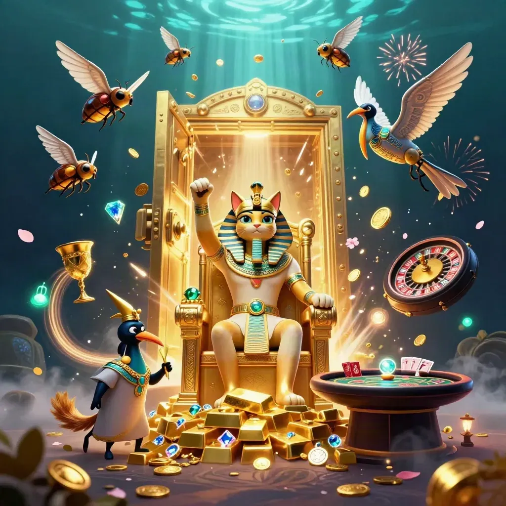 Pharaoh cat, ibis scribe, and gem-wing scarabs amid a vault blast of gold and casino elements.