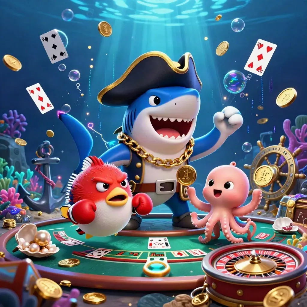 Pirate shark, boxing pufferfish, and juggling octopus amid coins in a glowing underwater casino vault burst.