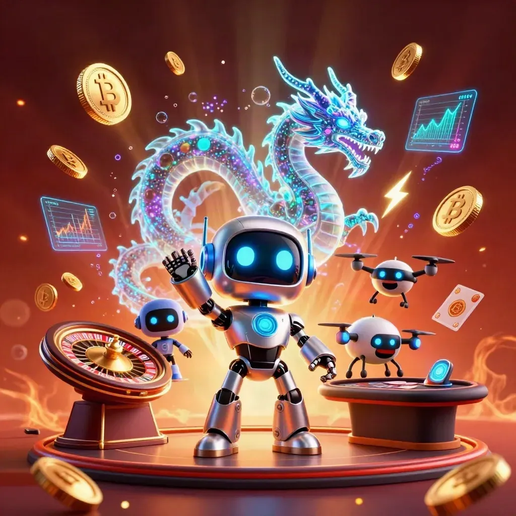 Cyberpunk robot, holographic dragon, and coin drone amid coins, roulette, cards, and neon casino glow.