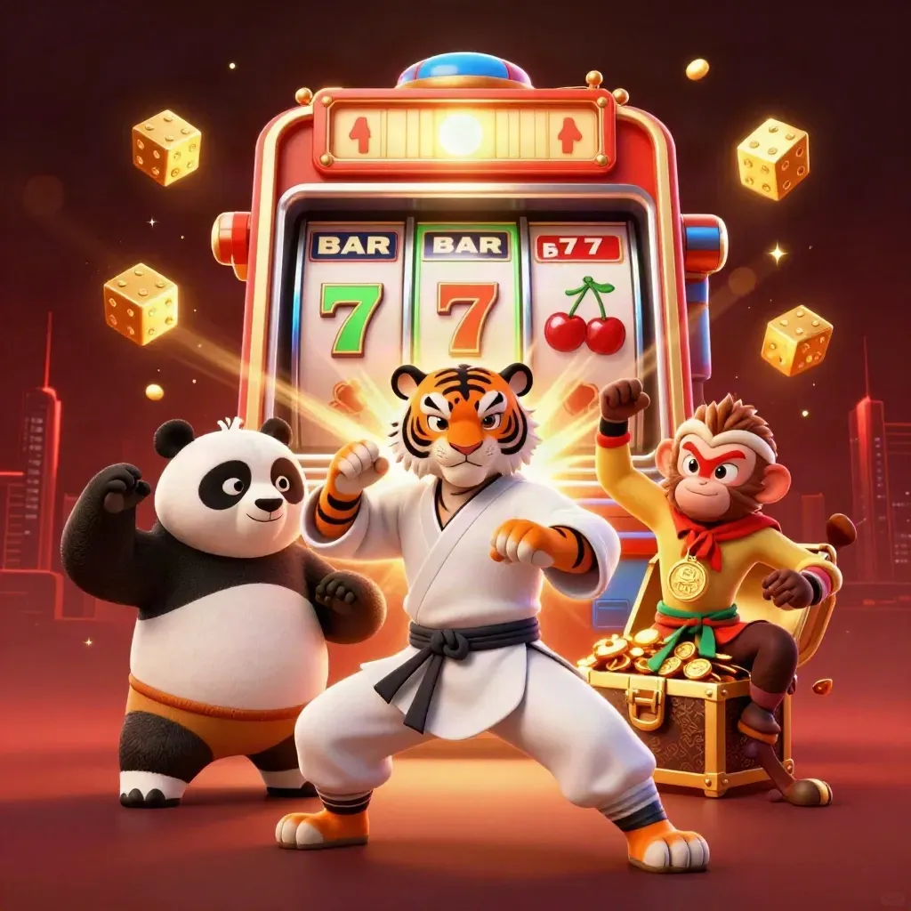 Tiger, panda, and monkey amid a bursting slot machine with gold and city lights