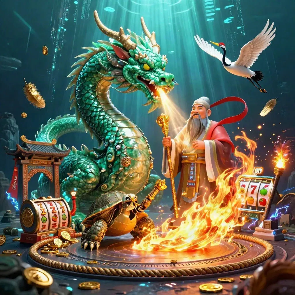 Emerald jade dragon, turtle sage, and cranes amid casino relics in a neon underwater temple scene.