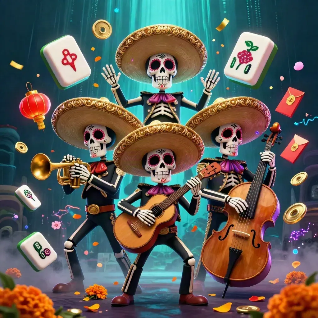Three skeleton mariachi players with casino props in neon blue undersea glow