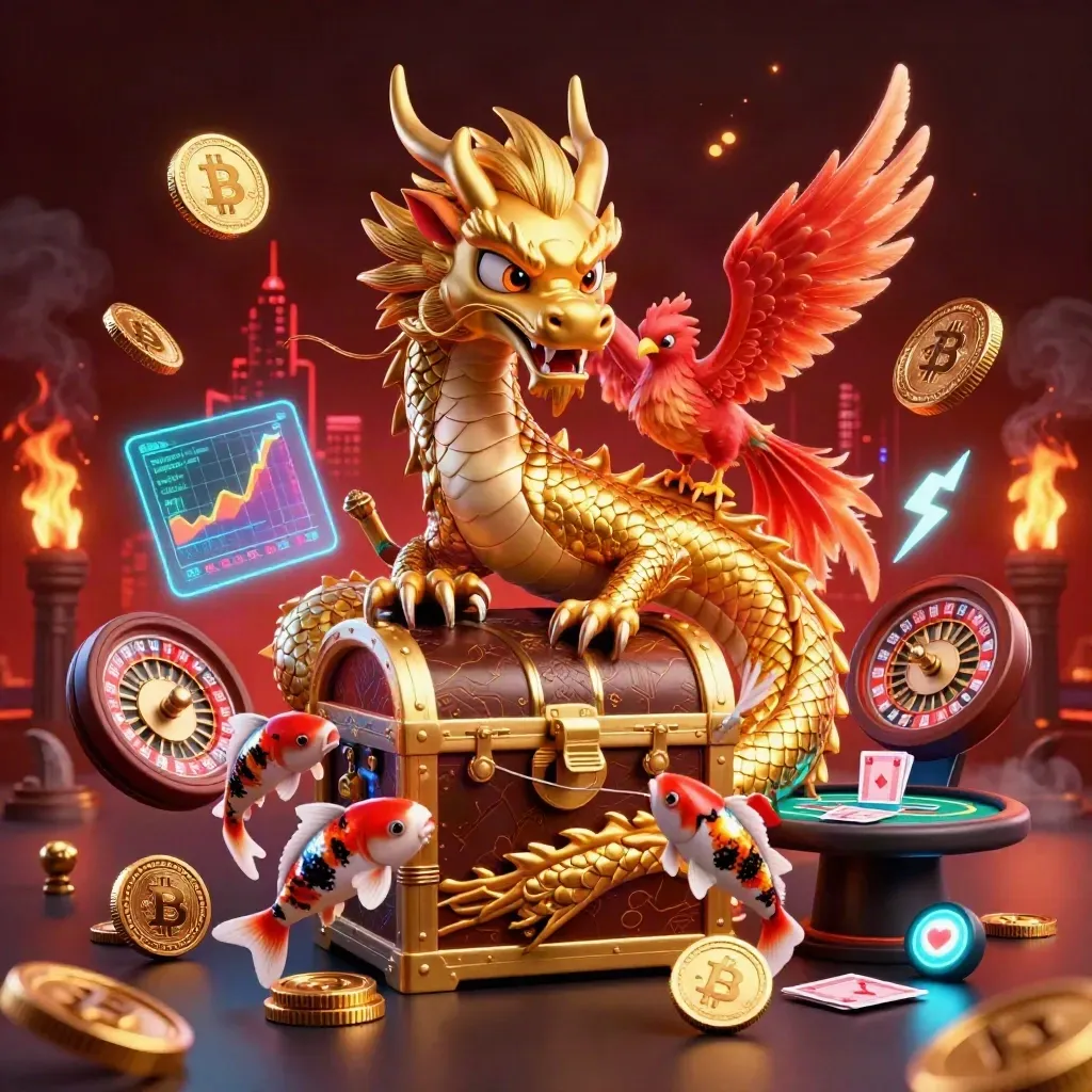 Golden dragon, phoenix, koi, and casino icons in neon-lit city key art.