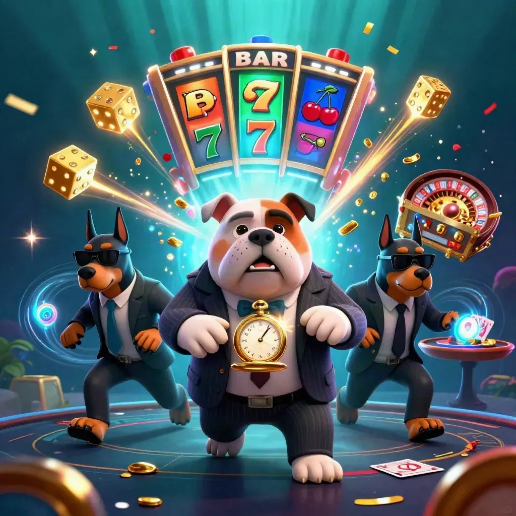 Mobster bulldog and bodyguards amid exploding slots, gold, dice, and casino lights.