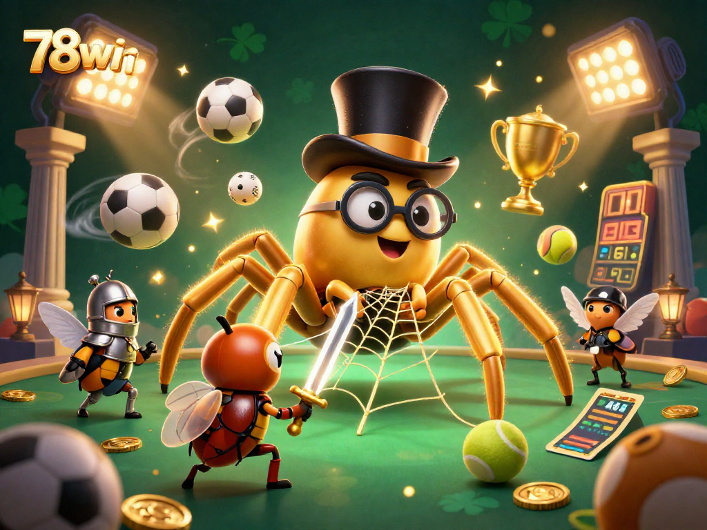 Engage with 78win's exciting atmosphere as a golden tarantula weaves a web of light