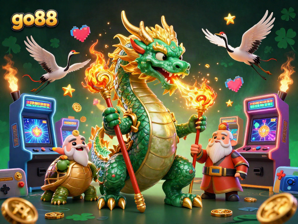 Engage with go88 exploring vibrant casino adventures featuring a jade dragon and lucky cranes.