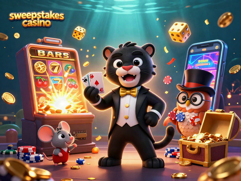 Experience the thrill of sweepstakes casino gaming with an elegant 3D illustration of characters and dynamic games.